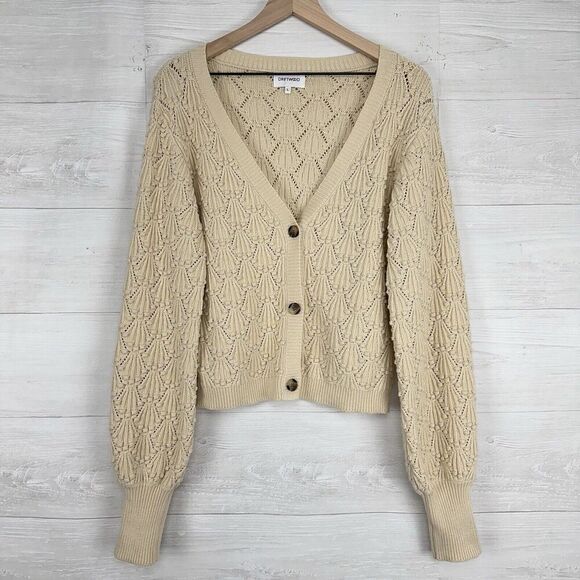 Driftwood Nancy Cardigan Sweater Women L Cream Cotton V Neck Balloon Sleeve Boho - Picture 2 of 16